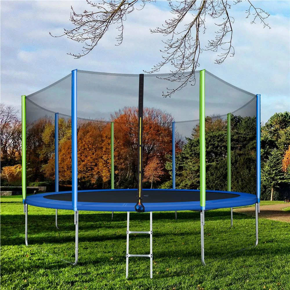 12FT Trampoline For Kids With Safety Enclosure Net, Ladder And 8 Wind Stakes, Round Outdoor Recreational Trampoline - Blue