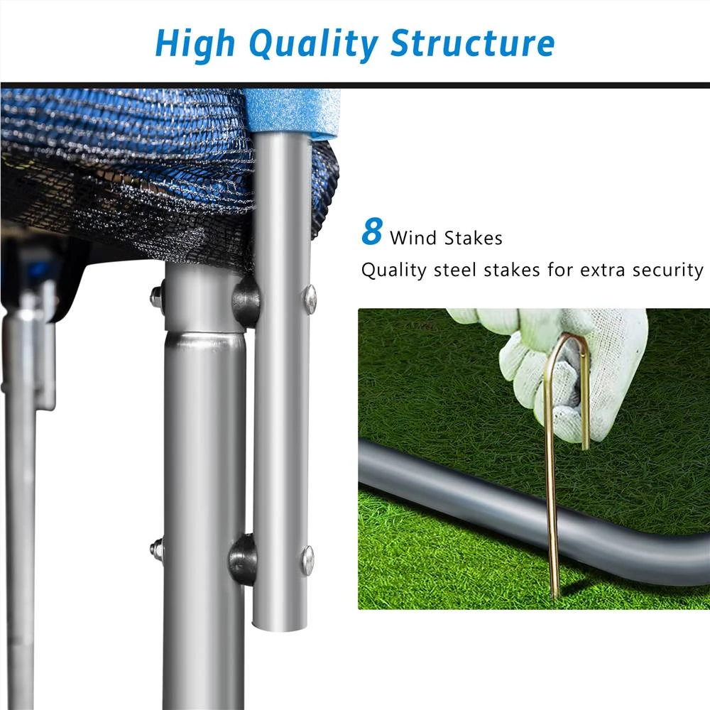 12FT Trampoline For Kids With Safety Enclosure Net, Ladder And 8 Wind Stakes, Round Outdoor Recreational Trampoline - Blue - Image 6