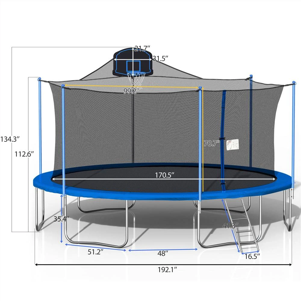 16FT Trampoline For Kids With 360-degree Safety Net, Ladder And Basketball Hook - Blue - Image 2