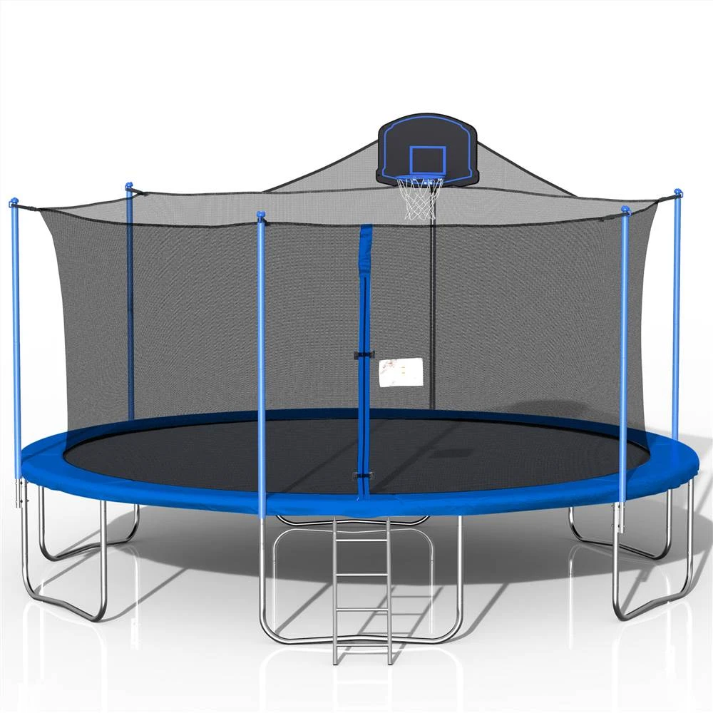 16FT Trampoline For Kids With 360-degree Safety Net, Ladder And Basketball Hook - Blue - Image 3