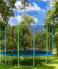 16FT Trampoline For Kids With Safety Enclosure Net, Ladder And 12 Wind Stakes, Round Outdoor Recreational Trampoline - Blue