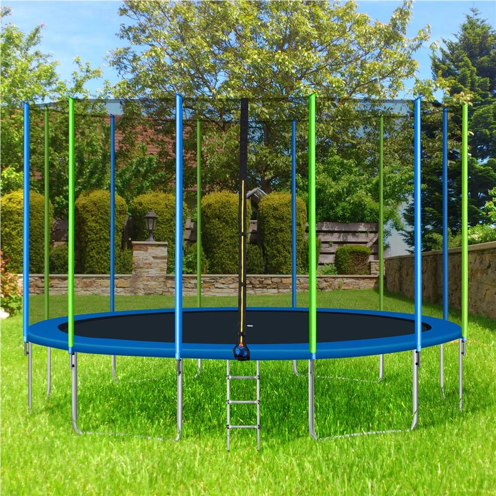 16FT Trampoline For Kids With Safety Enclosure Net, Ladder And 12 Wind Stakes, Round Outdoor Recreational Trampoline - Blue - Image 5