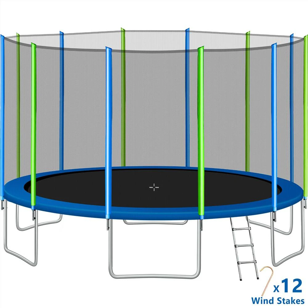 16FT Trampoline For Kids With Safety Enclosure Net, Ladder And 12 Wind Stakes, Round Outdoor Recreational Trampoline - Blue - Image 6