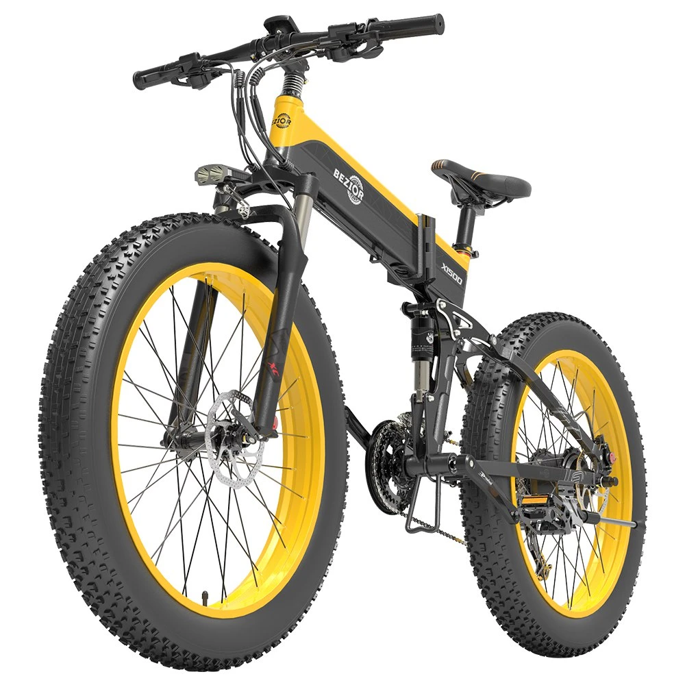 BEZIOR X1500 Folding Electric Mountain Bike 26*4.0 Inch Fat Tires 12.8Ah 48V 1500W 40Km/h 100KM Mileage Max Load 200KG Shimano 27-Speed Shifter - Black Yellow - Image 3