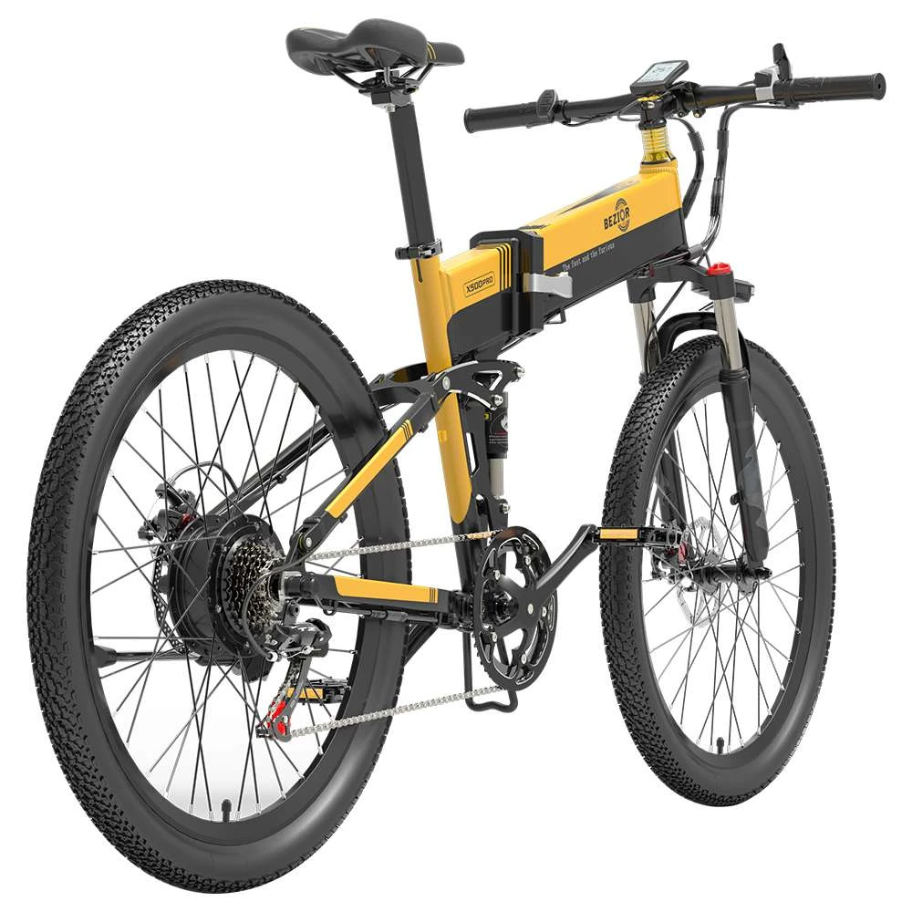 BEZIOR X500 Pro Folding Electric Bike Bicycle 26 Inch Tire 500W Motor Max Speed 30Km/h 48V 10.4Ah Battery Aluminum Alloy Frame Shimano 7-Speed Shift 100KM Power-Assisted Range LCD Display IP54 Waterproof Max Load 200KG - Black & Yellow - Image 4