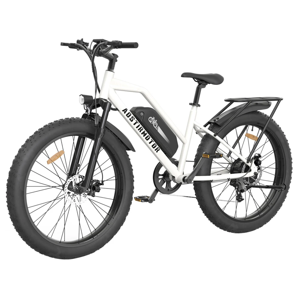 AOSTIRMOTOR S07-G Electric Bike 26*4.0 Inch Fat Tire 48V 13Ah Battery 750W Motor 45Km/h Max Speed Shimano 7-Speed Gear Dual Disc Brake - White