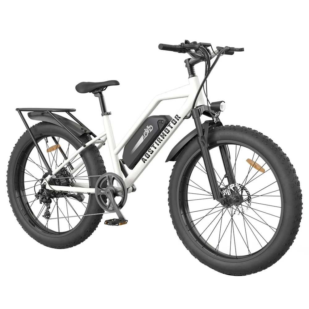 AOSTIRMOTOR S07-G Electric Bike 26*4.0 Inch Fat Tire 48V 13Ah Battery 750W Motor 45Km/h Max Speed Shimano 7-Speed Gear Dual Disc Brake - White - Image 4