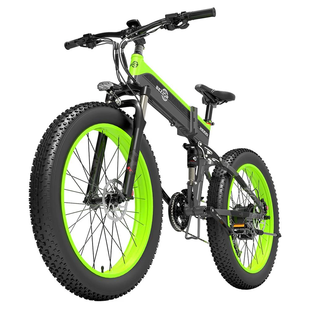 BEZIOR X1000 Folding Electric Bike Bicycle Panasonic 48V 12.8Ah Battery 1000W Motor 26 Inch Fat Tire Aluminum Alloy Frame Shimano 27-speed Shift Max Speed 40km/h IP54 100KM Power-assisted Mileage Range LCD Display IP54 Waterproof - Black Green - Image 3