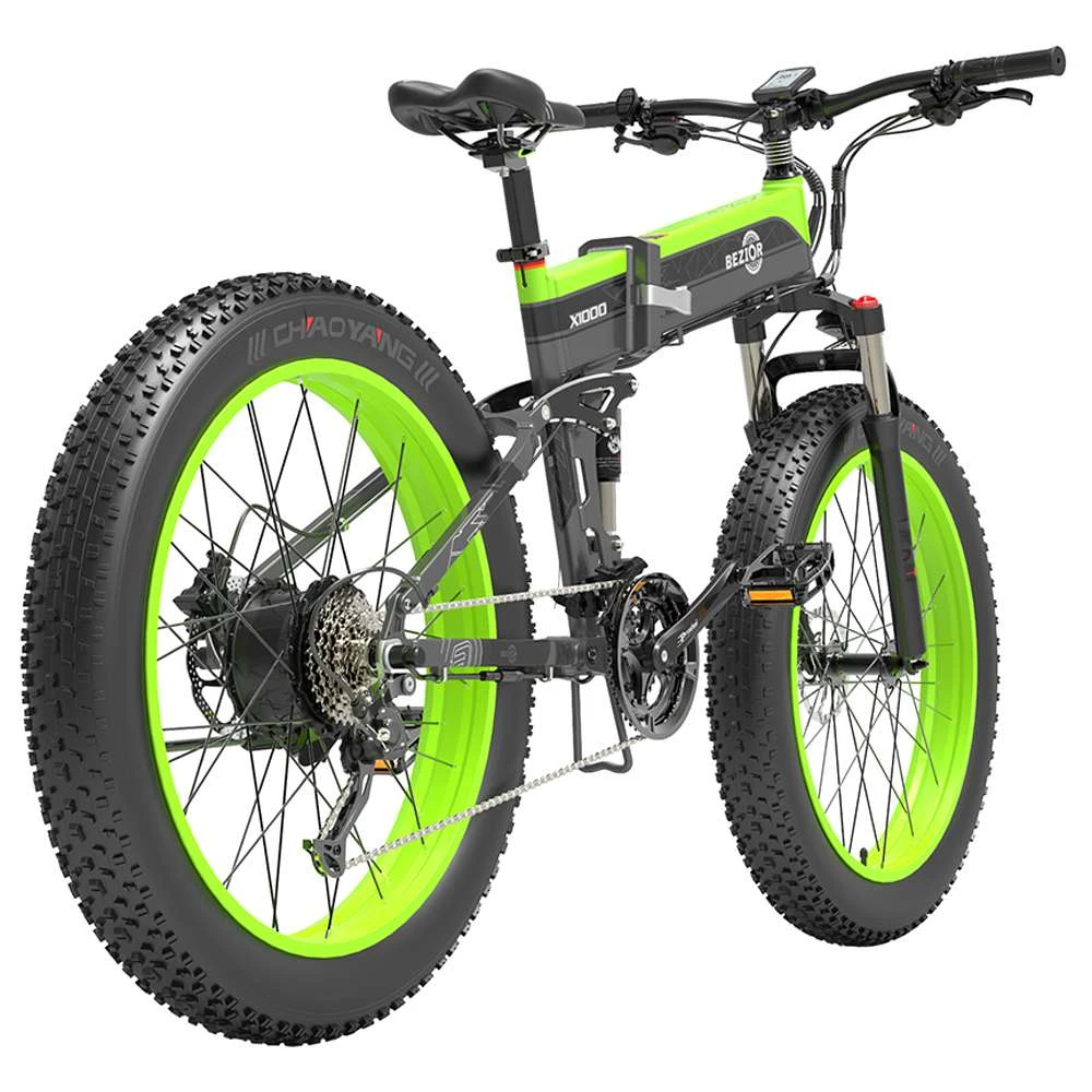 BEZIOR X1000 Folding Electric Bike Bicycle Panasonic 48V 12.8Ah Battery 1000W Motor 26 Inch Fat Tire Aluminum Alloy Frame Shimano 27-speed Shift Max Speed 40km/h IP54 100KM Power-assisted Mileage Range LCD Display IP54 Waterproof - Black Green - Image 5
