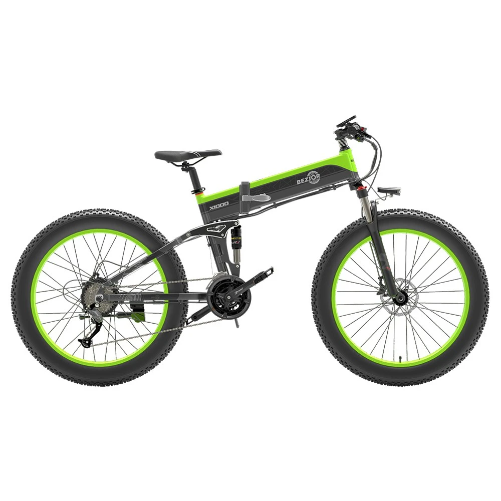 BEZIOR X1000 Folding Electric Bike Bicycle Panasonic 48V 12.8Ah Battery 1000W Motor 26 Inch Fat Tire Aluminum Alloy Frame Shimano 27-speed Shift Max Speed 40km/h IP54 100KM Power-assisted Mileage Range LCD Display IP54 Waterproof - Black Green