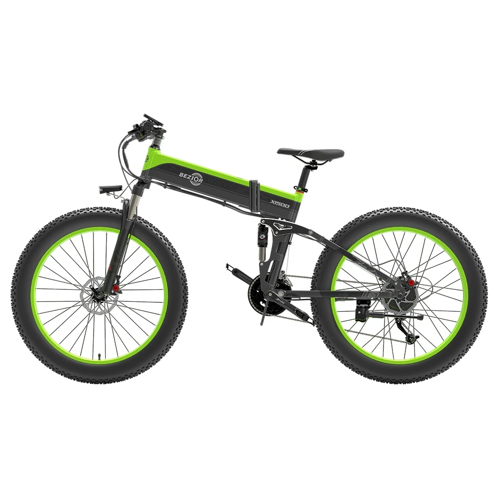 BEZIOR X1500 Folding Electric Mountain Bike 26*4.0 Inch Fat Tires 12.8Ah 48V 1500W 40Km/h 100KM Mileage Max Load 200KG Shimano 27-Speed Shifter - Black Green - Image 2