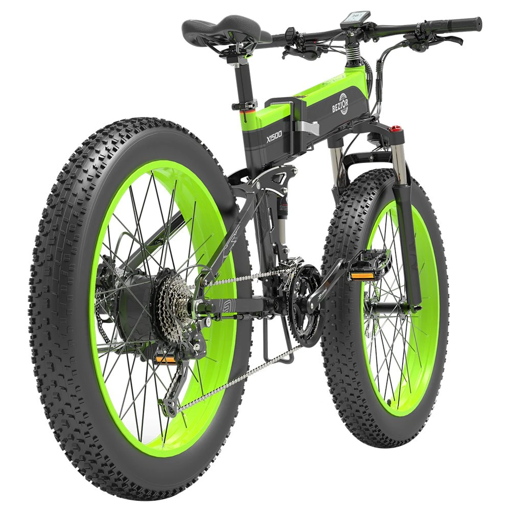 BEZIOR X1500 Folding Electric Mountain Bike 26*4.0 Inch Fat Tires 12.8Ah 48V 1500W 40Km/h 100KM Mileage Max Load 200KG Shimano 27-Speed Shifter - Black Green - Image 5