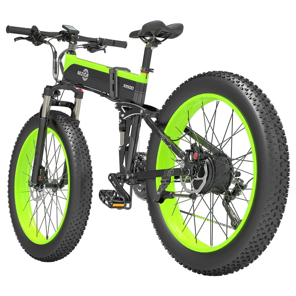 BEZIOR X1500 Folding Electric Mountain Bike 26*4.0 Inch Fat Tires 12.8Ah 48V 1500W 40Km/h 100KM Mileage Max Load 200KG Shimano 27-Speed Shifter - Black Green - Image 6
