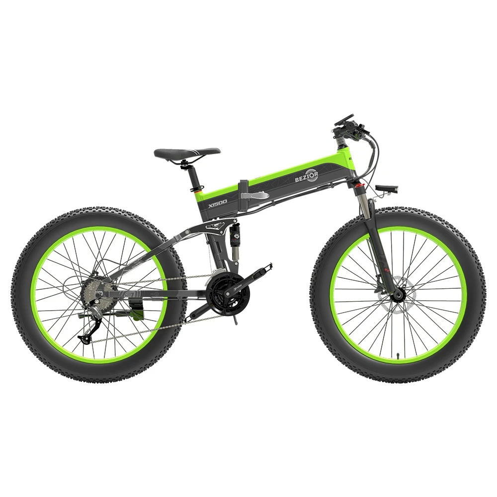 BEZIOR X1500 Folding Electric Mountain Bike 26*4.0 Inch Fat Tires 12.8Ah 48V 1500W 40Km/h 100KM Mileage Max Load 200KG Shimano 27-Speed Shifter - Black Green - Image 3