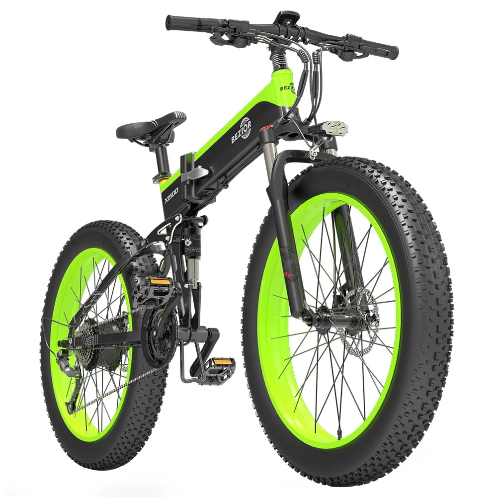 BEZIOR X1500 Folding Electric Mountain Bike 26*4.0 Inch Fat Tires 12.8Ah 48V 1500W 40Km/h 100KM Mileage Max Load 200KG Shimano 27-Speed Shifter - Black Green - Image 4