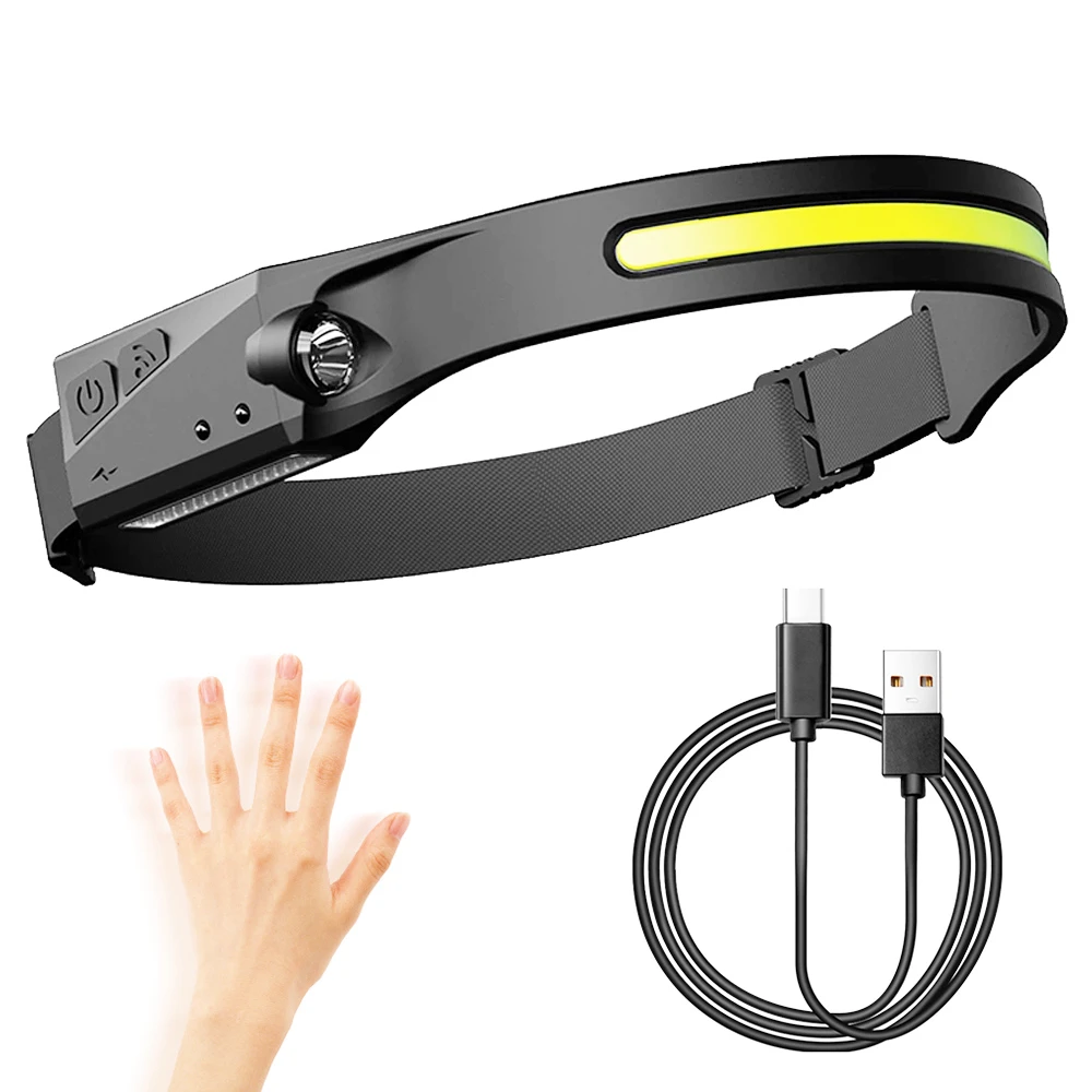 COB LED Headlamp Sensor Headlight With Built-in Battery Flashlight USB Rechargeable Head Lamp Torch 5 Lighting Modes