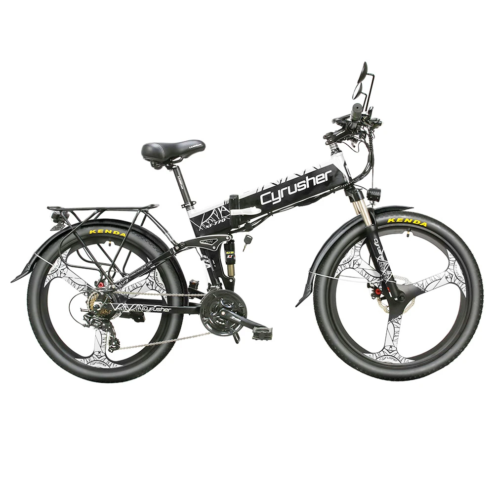 Cyrusher XF770 Folding Electric Bike 500W 48V 10 Ah Hidden Battery 7 Speed Mountain E-bike - White