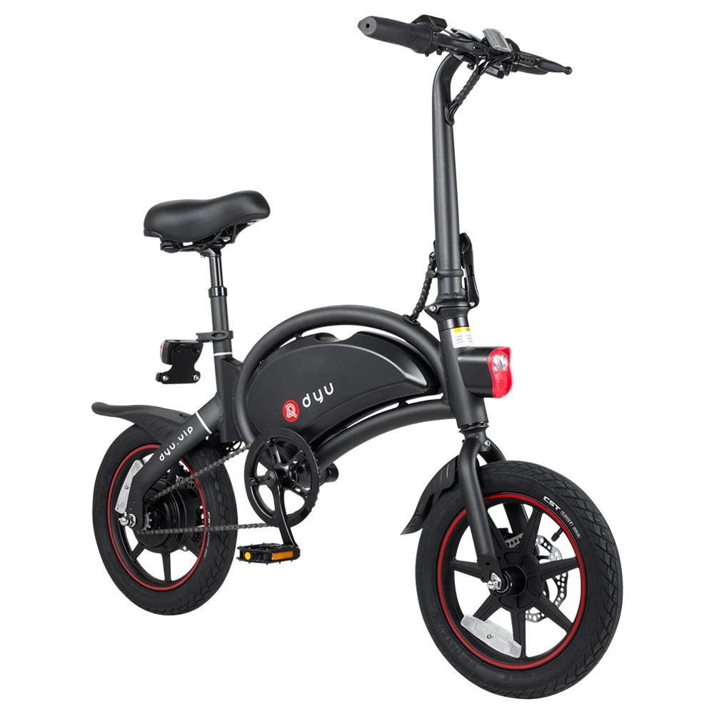 DYU D3+ Folding Moped Electric Bike 14 Inch Inflatable Rubber Tires 240W Motor 10Ah Battery Max Speed 25km/h Up To 45km Range Dual Disc Brakes Adjustable Height APP Control - Black