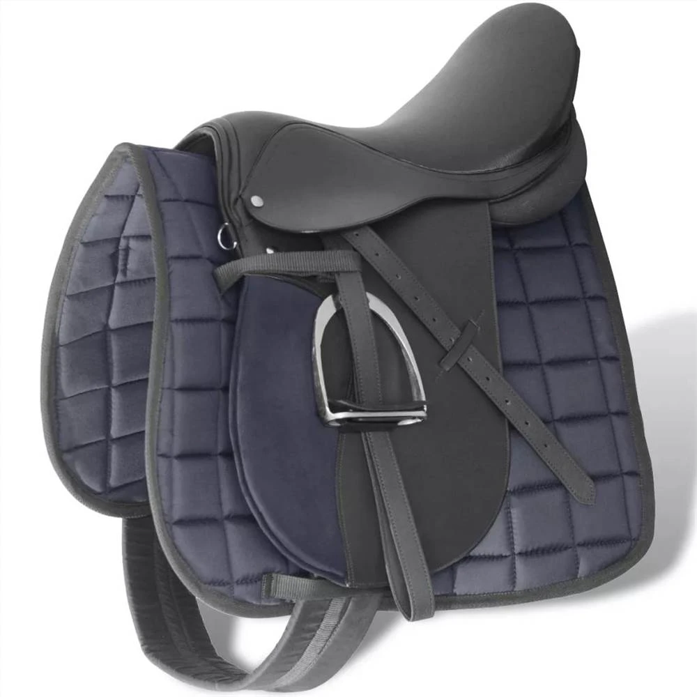 Horse Riding Saddle Set 17.5" Real Leather Black 18 Cm 5-in-1