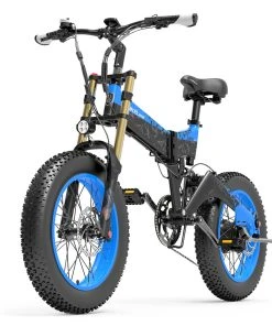 LANKELEISI X3000 Plus Folding Electric Mountain Bike Big Fork 20*4.0 Inch Fat Tires 48V 1000W Motor 17.5Ah Battery 43Km/h Max Speed Shimano 7-Speed Gear IP54 Waterproof - Black & Blue