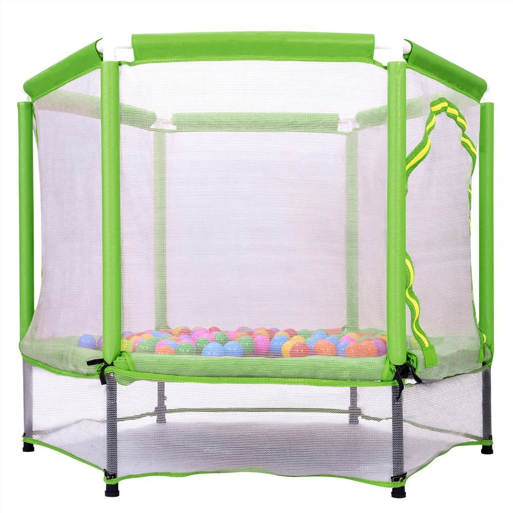 55" Toddlers Trampoline With Safety Enclosure Net And Ocean Balls, Indoor Outdoor Mini Trampoline For Kids - Green - Image 2