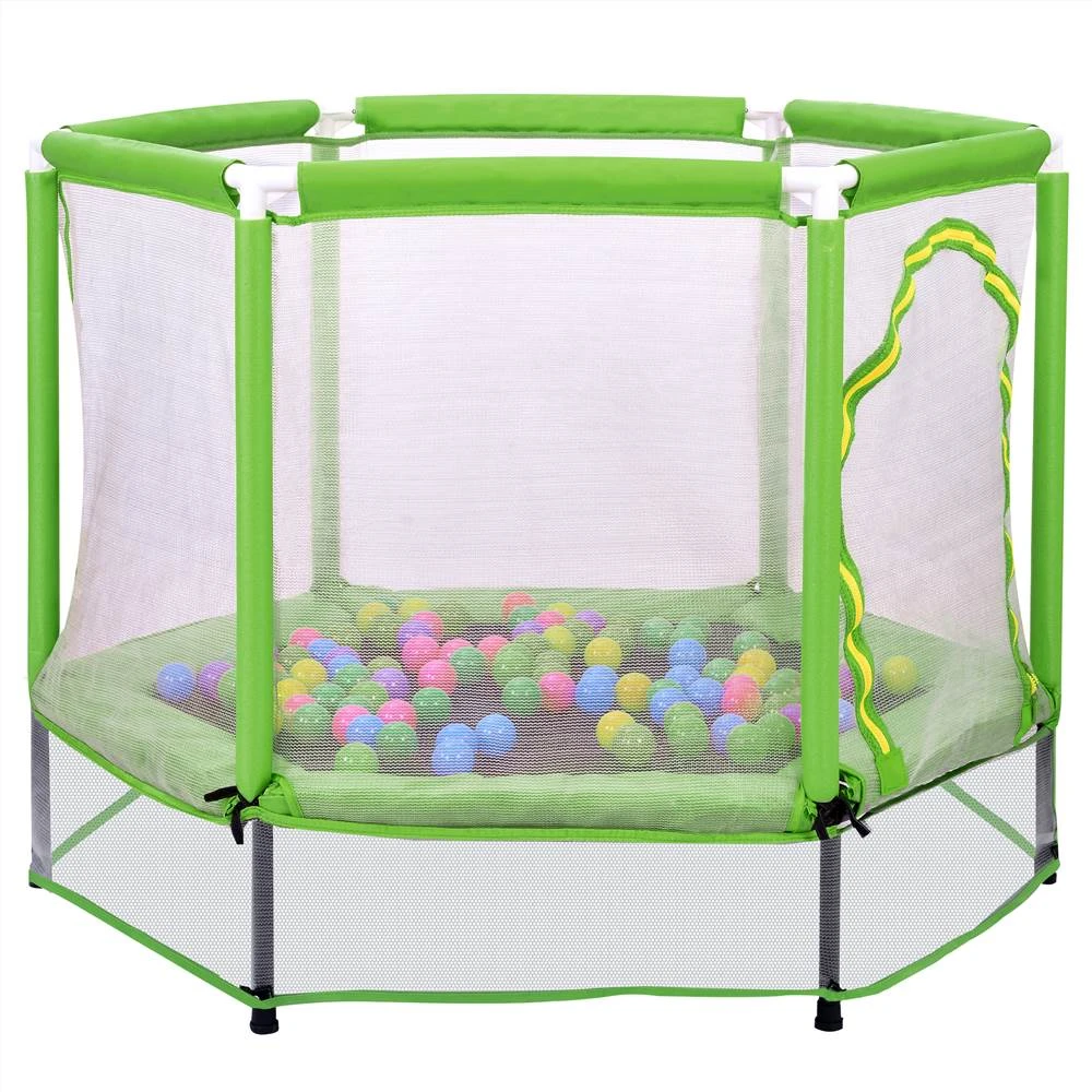 55" Toddlers Trampoline With Safety Enclosure Net And Ocean Balls, Indoor Outdoor Mini Trampoline For Kids - Green - Image 3