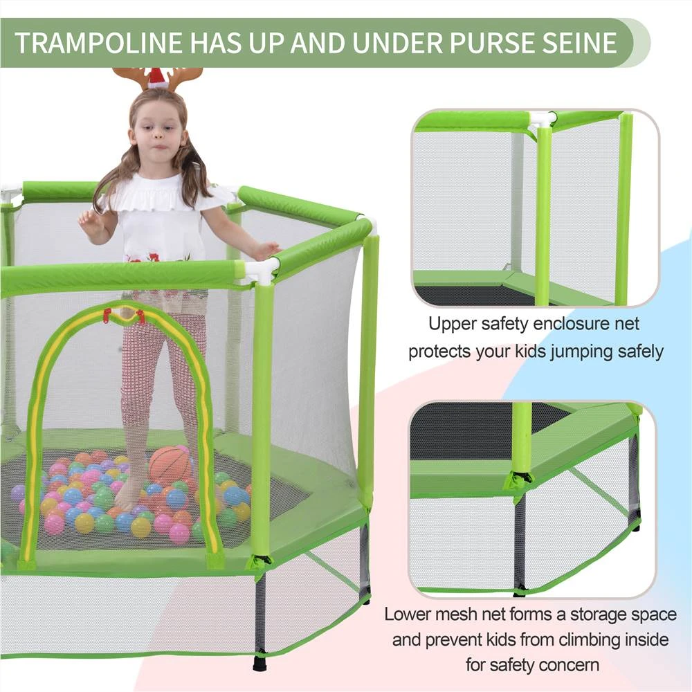 55" Toddlers Trampoline With Safety Enclosure Net And Ocean Balls, Indoor Outdoor Mini Trampoline For Kids - Green - Image 4