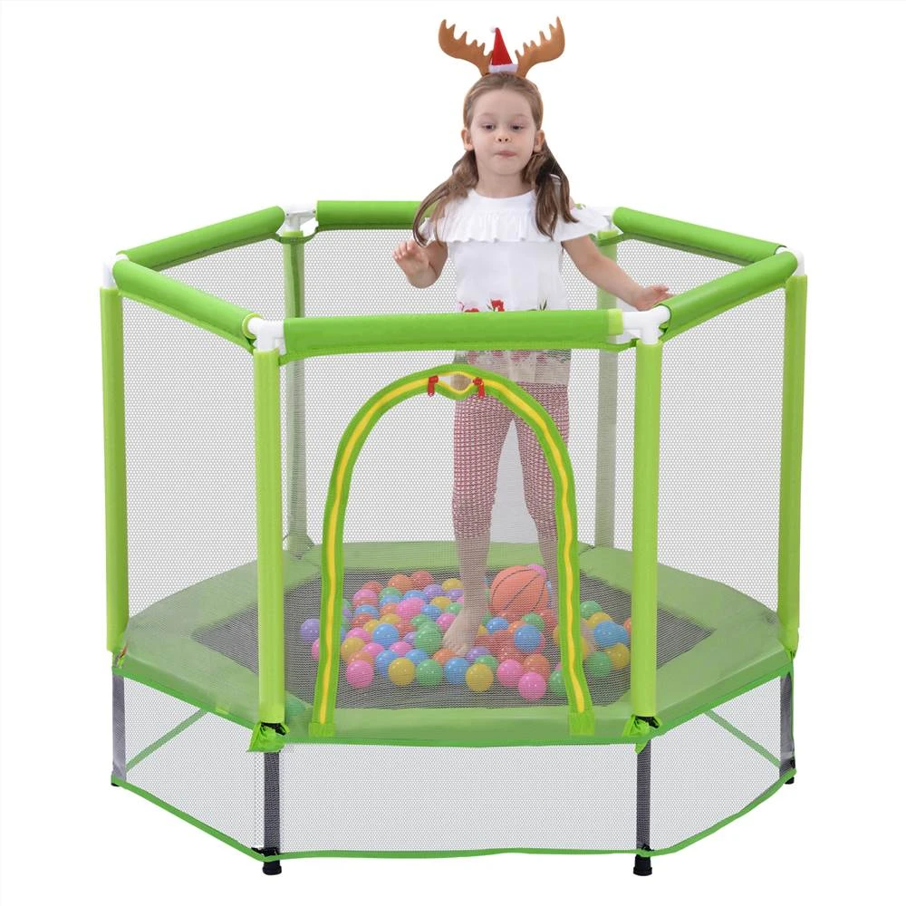 55" Toddlers Trampoline With Safety Enclosure Net And Ocean Balls, Indoor Outdoor Mini Trampoline For Kids - Green