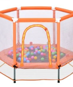55" Toddlers Trampoline With Safety Enclosure Net And Ocean Balls, Indoor Outdoor Mini Trampoline For Kids - Orange