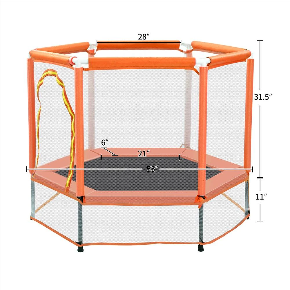 55" Toddlers Trampoline With Safety Enclosure Net And Ocean Balls, Indoor Outdoor Mini Trampoline For Kids - Orange - Image 3