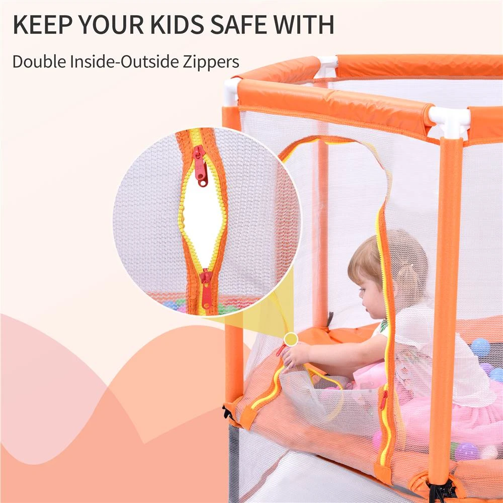 55" Toddlers Trampoline With Safety Enclosure Net And Ocean Balls, Indoor Outdoor Mini Trampoline For Kids - Orange - Image 6