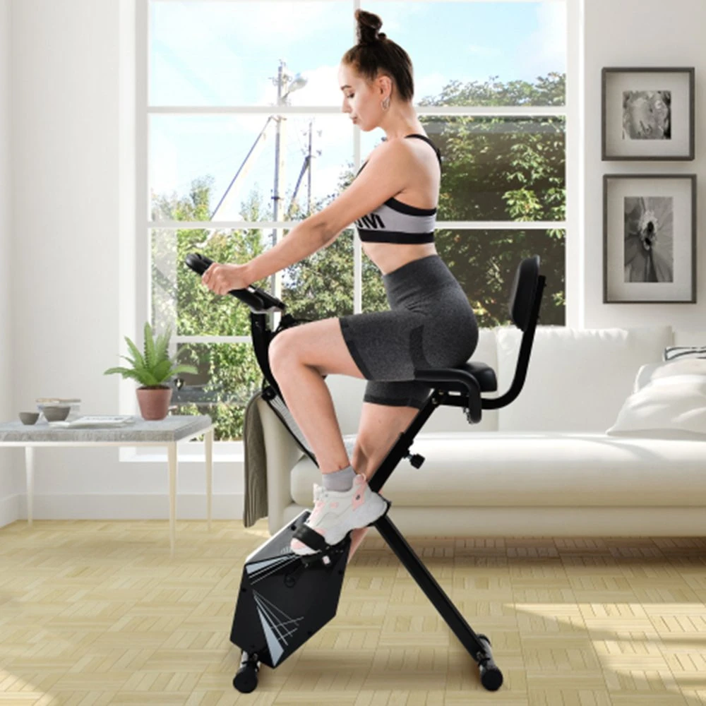 Merax Foldable Cycling Exercise Bike With LCD Screen Adjustable Height And Arm Resistance Bands For Indoor Workout - White - Image 2
