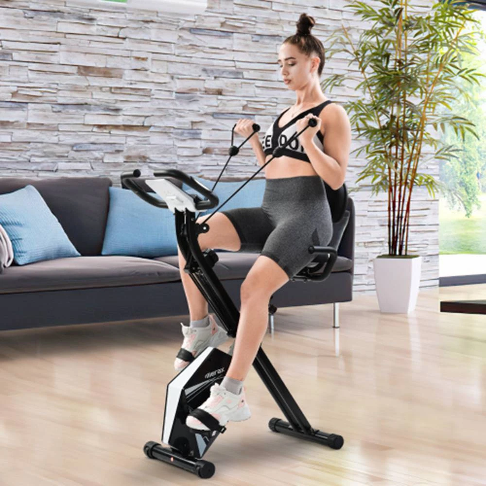 Merax Foldable Cycling Exercise Bike With LCD Screen Adjustable Height And Arm Resistance Bands For Indoor Workout - White - Image 3