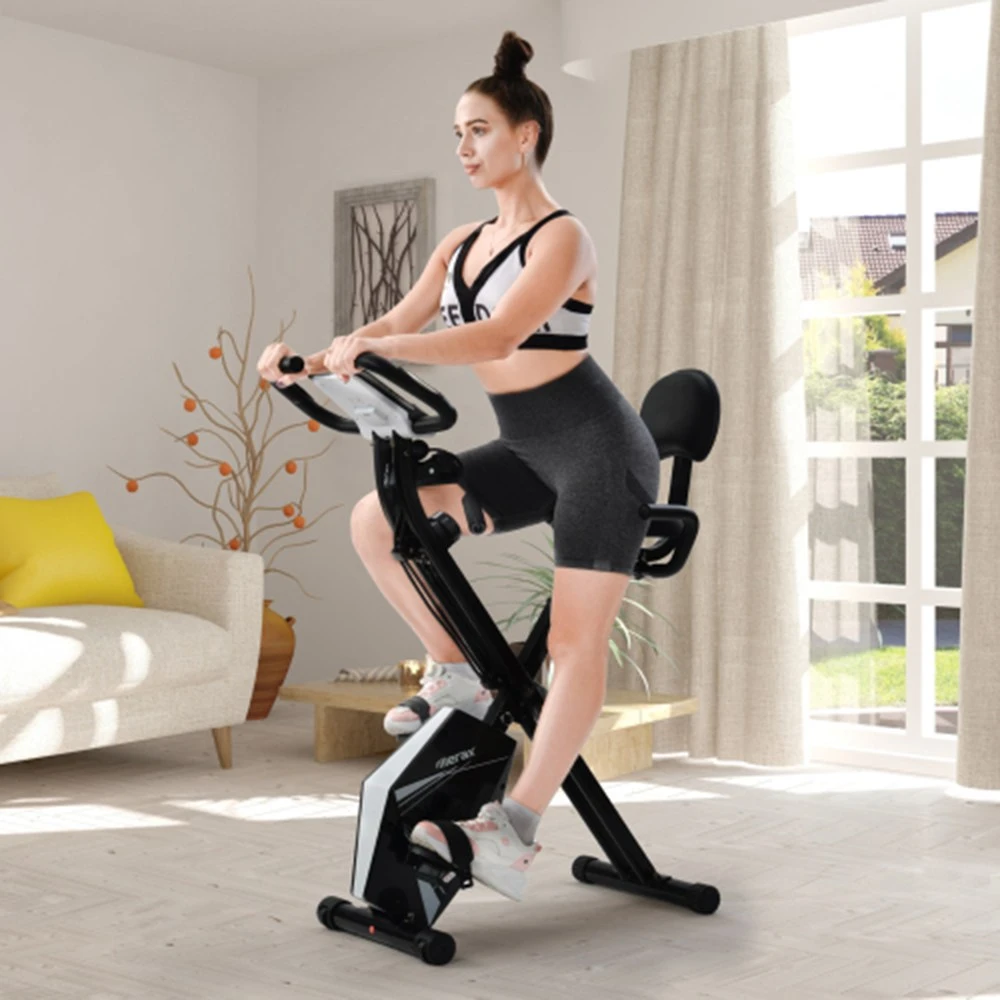 Merax Foldable Cycling Exercise Bike With LCD Screen Adjustable Height And Arm Resistance Bands For Indoor Workout - White - Image 4