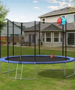 12FT Trampoline With Safety Enclosure Net & Ladder, Spring Cover Padding, Basketball Hoop -Blue