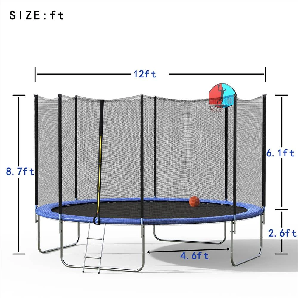 12FT Trampoline With Safety Enclosure Net & Ladder, Spring Cover Padding, Basketball Hoop -Blue - Image 2