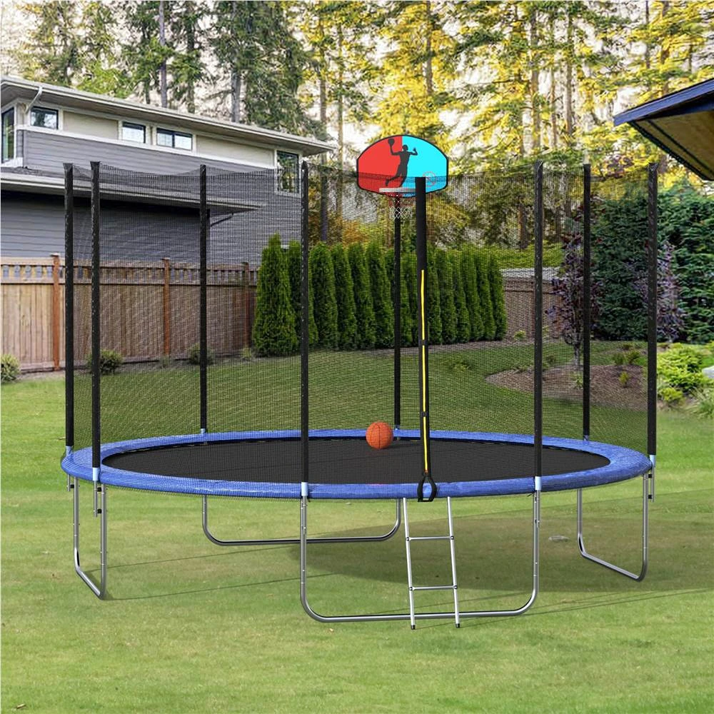 12FT Trampoline With Safety Enclosure Net & Ladder, Spring Cover Padding, Basketball Hoop -Blue - Image 3