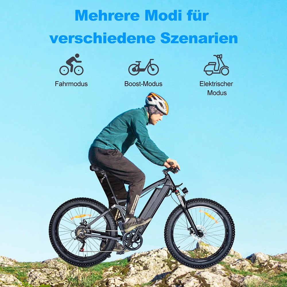 ONES1 Electric Bike 26*4.0 Inch Fat Tires 48V 500W Motor 10Ah Battery 25Km/h Max Speed Shimano 7 Speed - Black - Image 5