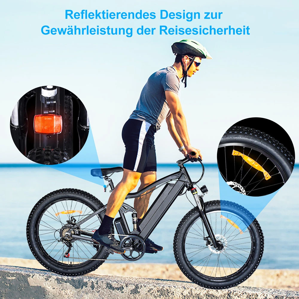 ONES1 Electric Bike 26*4.0 Inch Fat Tires 48V 500W Motor 10Ah Battery 25Km/h Max Speed Shimano 7 Speed - Black - Image 6