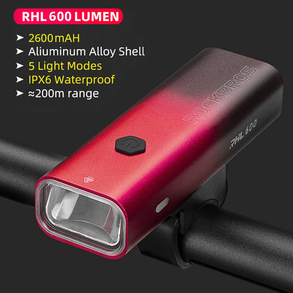 ROCKBROS Bicycle Light 600 Lumen 2600mAh Bike Headlight 5 Lightning Modes 200m Long Shot - Black And Red Gradient - Image 2