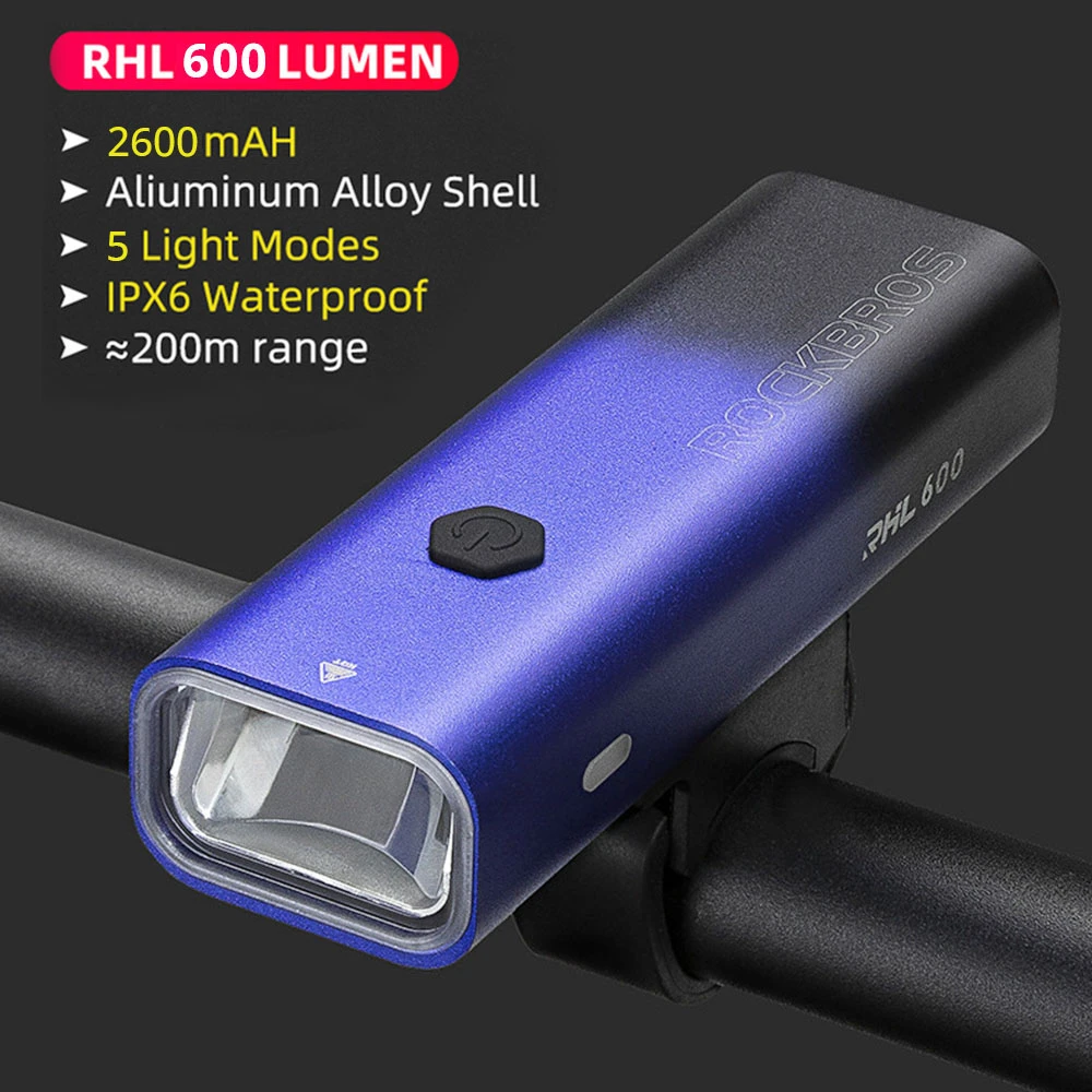 ROCKBROS Bicycle Light 600 Lumen 2600mAh Bike Headlight 5 Lightning Modes 200m Long Shot - Black And Blue Gradient - Image 2