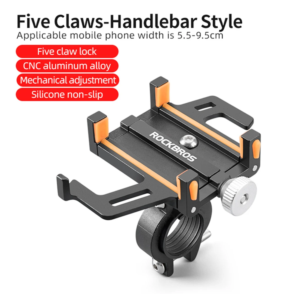ROCKBROS Phone Holder For Motorcycle Electric Bike Alloy Bracket Five Claws - Black & Orange - Image 2