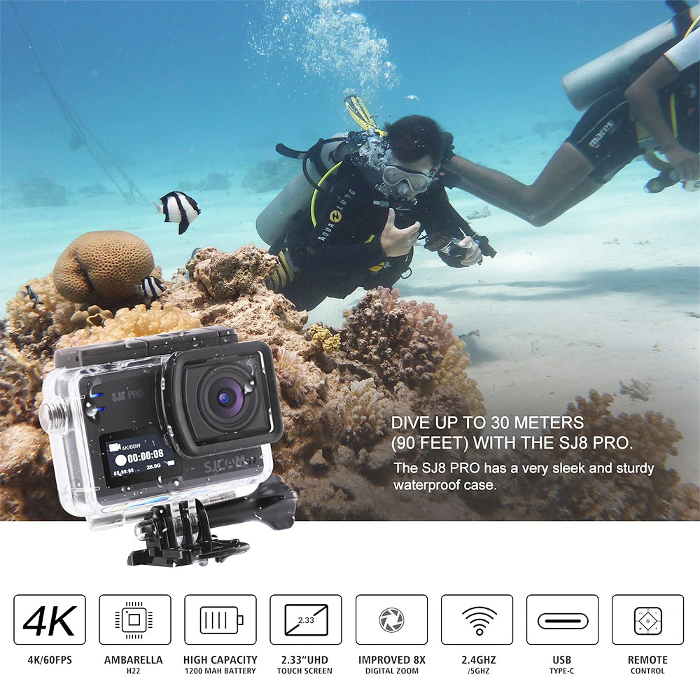 SJCAM SJ8Pro Sports & Action Camera 4K/60FPS Waterproof, WiFi Remote Control Sports DV FPV Camera - Black - Image 5