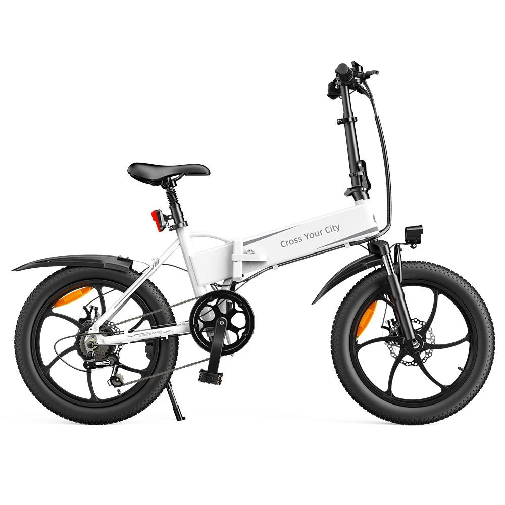 ADO A20+ Electric Folding Bike 20 Inch City Bicycle 250W Hall Brushless Gear DC Motor SHIMANO 7-Speed Rear Derailleur 36V 10.4Ah Removable Battery 25km/h Max Speed Up To 60km Max Range IPX5 Double Shock-absorption Aluminum Alloy Frame - White