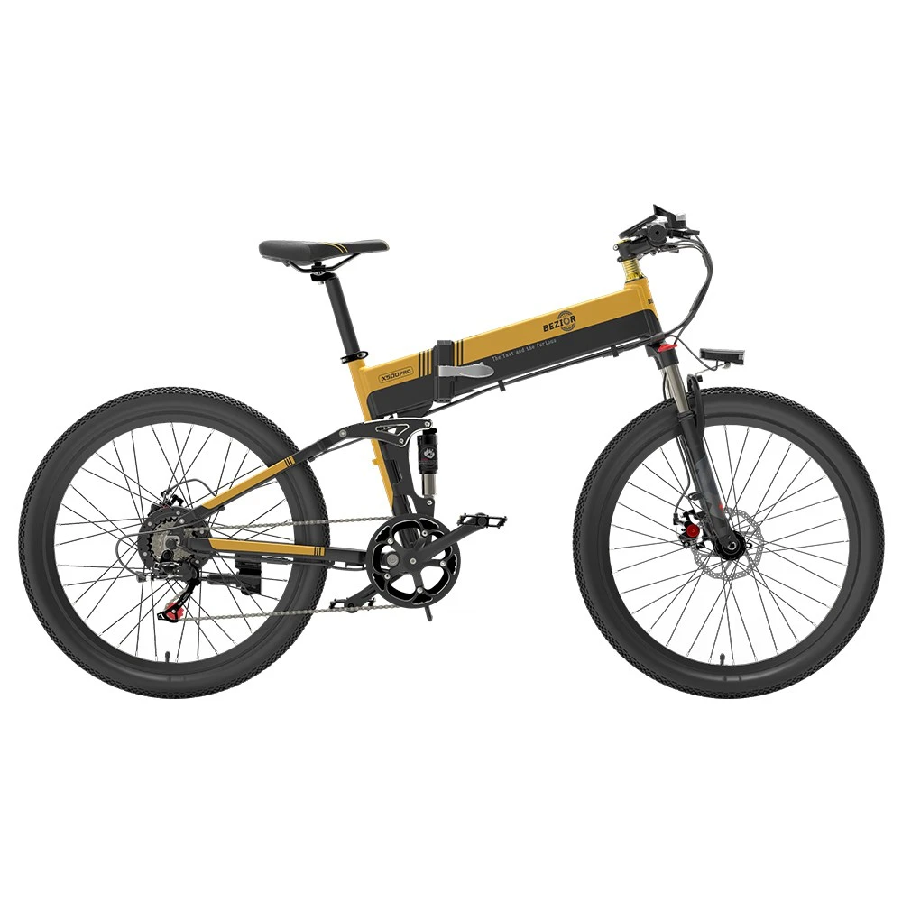 BEZIOR X500 Pro Folding Electric Bike Bicycle 26 Inch Tire 500W Motor Max Speed 30Km/h 48V 10.4Ah Battery Aluminum Alloy Frame Shimano 7-Speed Shift 100KM Power-Assisted Range LCD Display IP54 Waterproof Max Load 200KG - Black&Yellow - Image 2