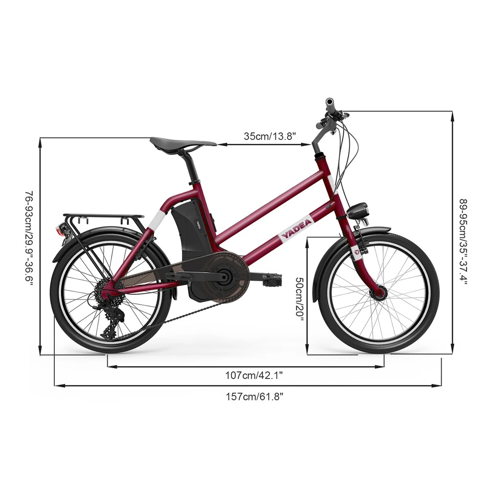 YADEA YT300 20 Inch Touring Electric City Bike 250W OKAWA Mid Drive Motor SHIMANO 7-Speed Rear Derailleur 36V 7.8Ah Removable Battery 25km/h Max Speed Up To 60km Max Range LED Headlight - Red - Image 6